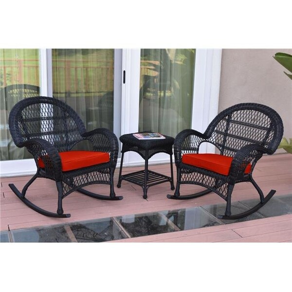 Propation W00211-2-RCES018 3 Piece Santa Maria Black Rocker Wicker Chair Set; Red Cushion PR1081428 - main